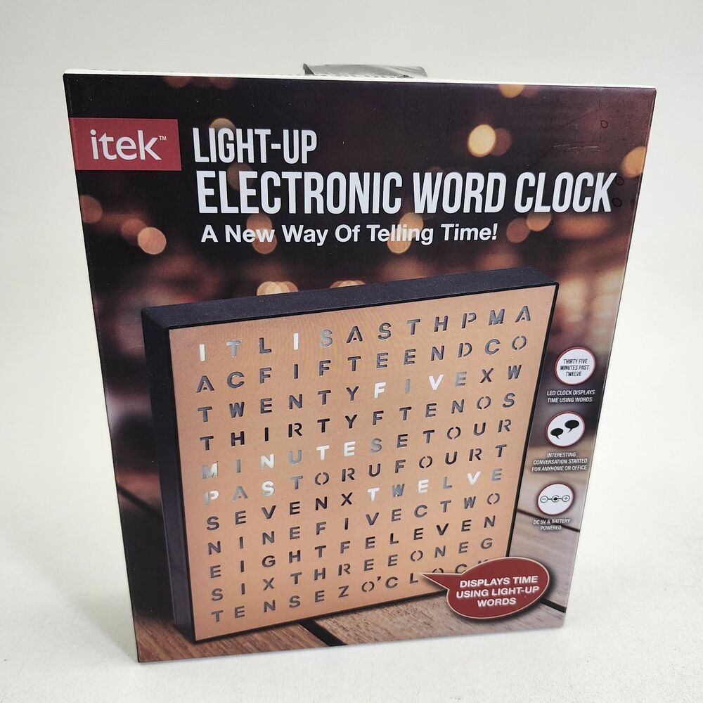 iTek Light Up Electronic Word Clock Text Battery USB 5V DC Powered Sharper Image